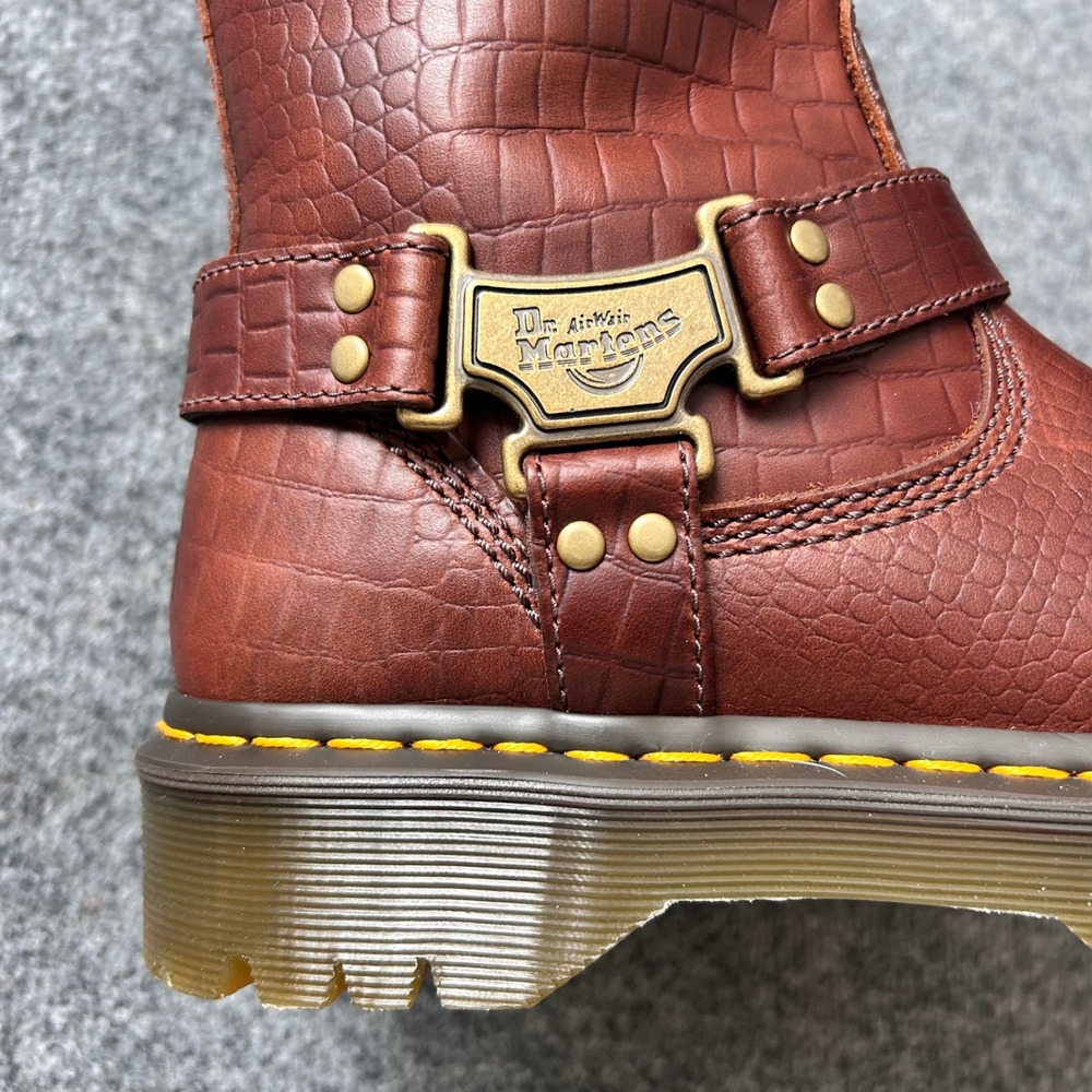 Dr Martens Anistone Hi Brown Croc Embossed Leather Harness Biker Boots Womens 9 - Picture 2 of 8